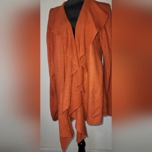 Karen Scott Burnt Orange Soft Cardigan With A Ruffle Cascade Colar Sz XL
